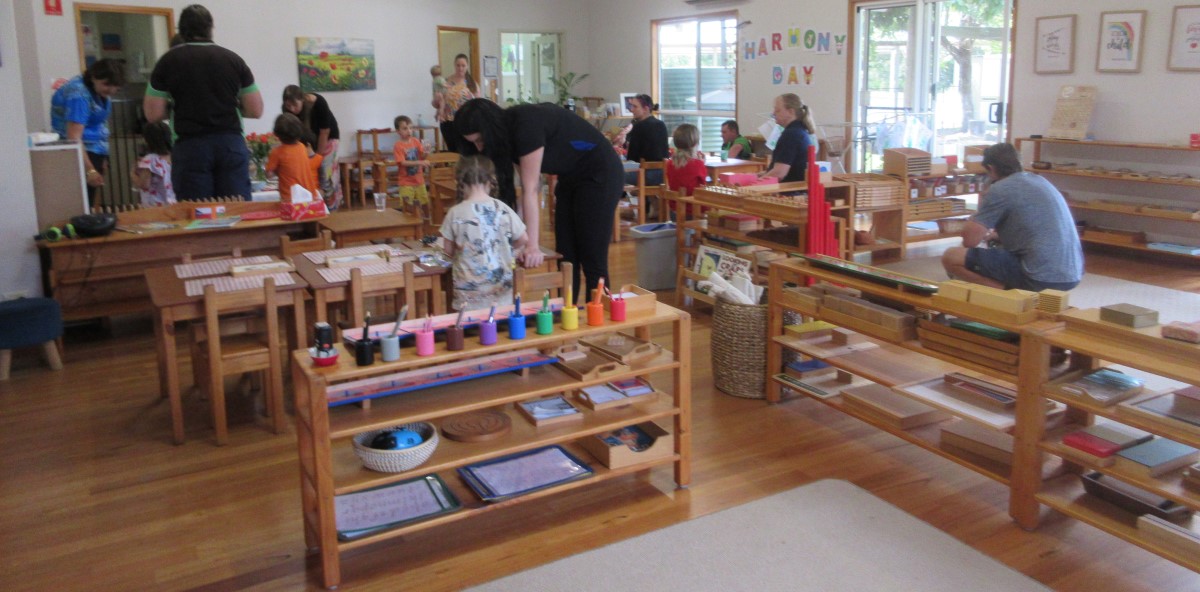 The Montessori Curriculum is laid out sequentially on shelves for easy access by students